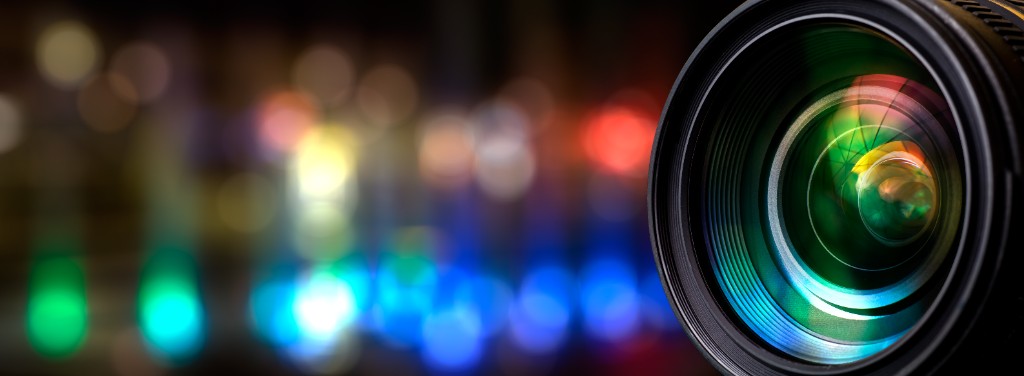 Camera lens with colorful bokeh lights