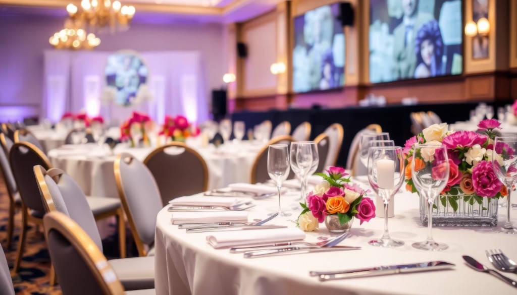 Reception tables set with flowers for an event